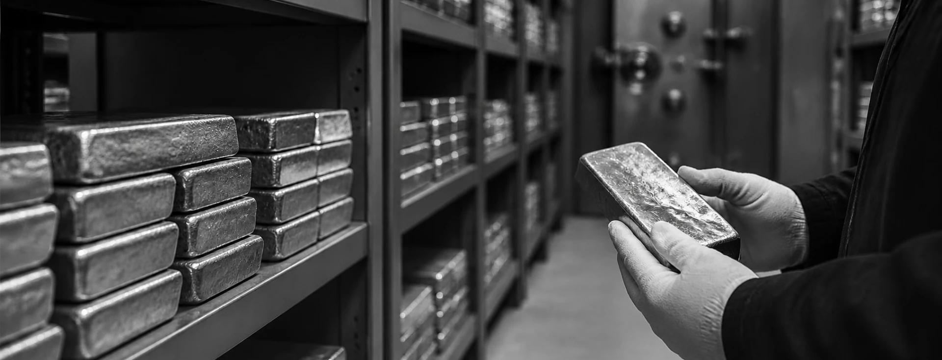 Professional inspecting a precious-metal bar in secure storage